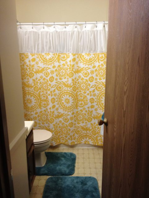 The ruffled shower curtain I made after moving into my apartment I LOVE how it came out!